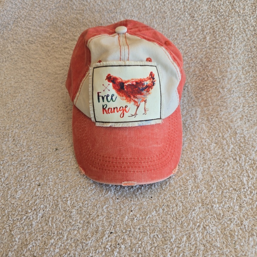 Southern Junkie "Free Range" Watercolor Chicken Distressed Hat Cap Adjustable